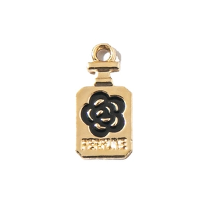 Golden alloy perfume bottle pendant with black enamel camellia flower and PERFUME engraving