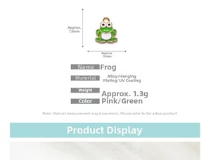 Detailed view of green enamel frog pendant dimensions and alloy jewelry material specs