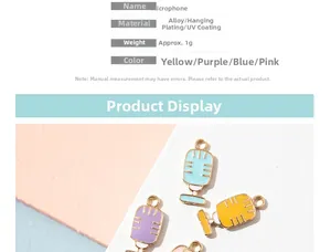 Detail view of colorful alloy microphone pendants for DIY jewelry making in four colors