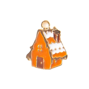 Weihnachtliches Schneehaus-Emaille-Anhänger in Orange und Gold für DIY-Schmuck