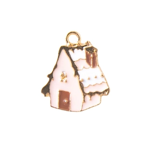 Weihnachtliches Schneehaus-Amulett mit rosa Wänden und Goldrahmen für DIY-Schmuck