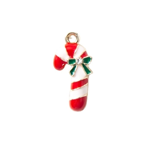 Christmas candy cane pendant with red white enamel, green bow and sparkling rhinestone