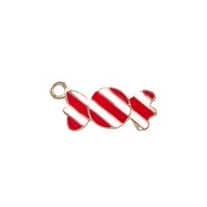 Red and white striped candy cane charm in gold-plated alloy for jewelry making