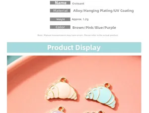 Macro detail of alloy croissant charms in brown pink blue and purple for DIY jewelry