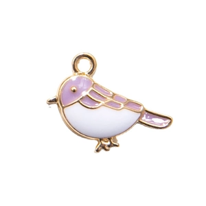 Cartoon bird pendant charm in white and purple enamel with gold-plated alloy finish