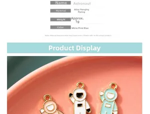 Detailed view of astronaut alloy pendants in white, pink, and blue for DIY jewelry