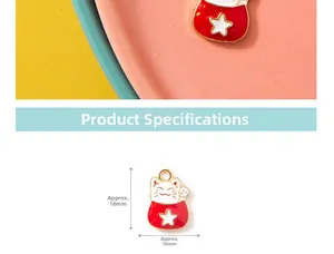 Detail view of red enamel lucky cat charm showing dimensions of approx. 16mm by 10mm