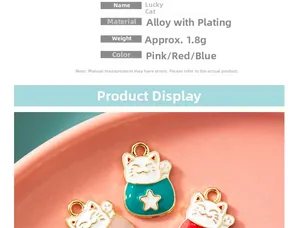 Detail of alloy Lucky Cat pendant featuring enamel oil-drop finish and size specifications