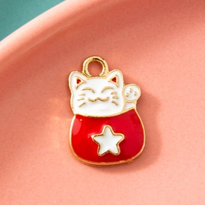 Pendentif chat porte-bonheur en alliage avec émail rouge et blanc pour bijoux DIY