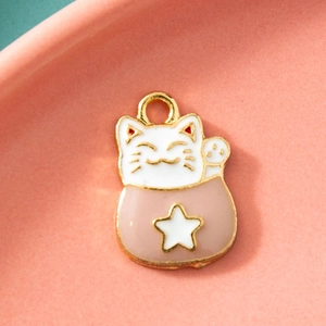 Pendentif chat porte-bonheur en alliage avec tête blanche et corps rose pour bijoux DIY