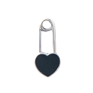 Silver safety pin pendant featuring a black enamel heart charm for DIY jewelry designs
