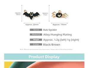 Spécifications des pendentifs d'Halloween en alliage avec dimensions chauve-souris et araignée