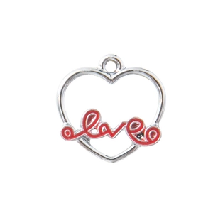 Silberner Herzanhänger mit roter Emaille-Love-Inschrift für DIY-Schmuckherstellung
