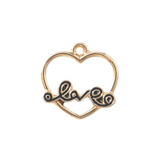 Goldener Herzanhänger mit Love-Schriftzug und schwarzer Emaille für DIY-Schmuck