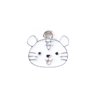 Cartoon tiger enamel pendant with white finish and silver-tone metal frame on white background