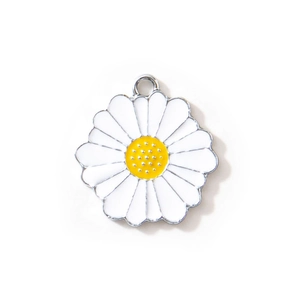 Daisy flower charm pendant with white enamel petals and yellow center in silver alloy