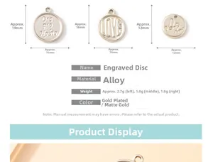 Detailed size specifications for alloy disc pendants with various engraved lettering