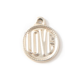 Minimalist round alloy pendant with embossed LOVE text and light gold plating