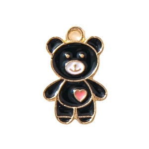 Colgante de oso de esmalte negro con corazón rosa y borde dorado para joyería DIY