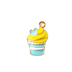 Pendentif cupcake en émail jaune et bleu avec bordure dorée pour bijoux DIY