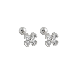 Detail view of S925 sterling silver flower earrings with clear zircon and screw backs