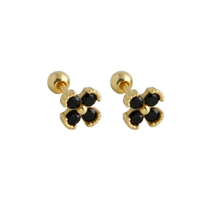 Detail of flower-shaped S925 sterling silver studs with black gems and screw-back balls