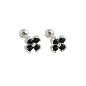 Detailed view of S925 silver four-leaf clover earrings with black cubic zirconia and screw backs