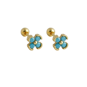 Close-up of S925 sterling silver flower earrings with turquoise stones and screw ball back