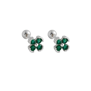Macro view of S925 silver four-leaf flower earrings with deep green gemstones