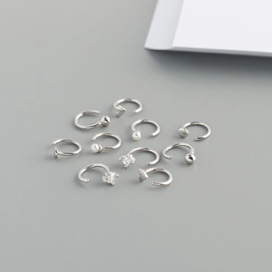 Detailset von 10 minimalistischen 925 Silber Nasenringen mit Zirkonia und Perlen