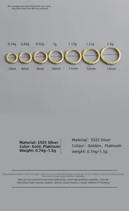 Size chart for S925 sterling silver hoop earrings ranging from 7mm to 14mm diameters