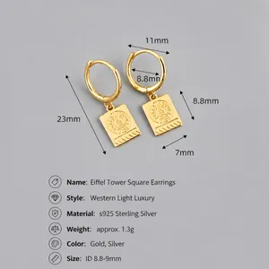 Pendientes de aro S925 de plata con colgante rectangular de la Torre Eiffel en oro
