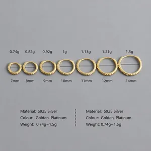 S925 sterling silver beaded hoop earrings in gold finish, multiple sizes 7mm to 14mm