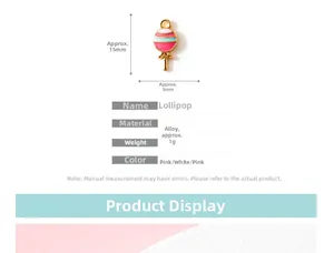 Detailed view of pink enamel lollipop charm with dimensions 15x5mm and metal loop