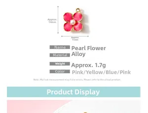 Pink enamel flower charm with pearl center, dimensions 14mm x 11mm, 1.7g alloy pendant
