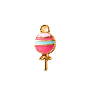 Lollipop charm pendant in gold alloy with pink and cyan enamel for DIY jewelry making