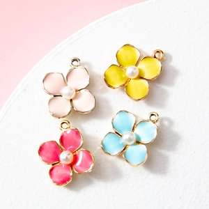 Cute Alloy Enamel Flower Charms With Faux Artificial Pearl Floral Pendant DIY Jewelry Making Accessories For Bracelet Necklace