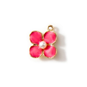 Pink enamel flower pendant with gold trim and central pearl for DIY jewelry making