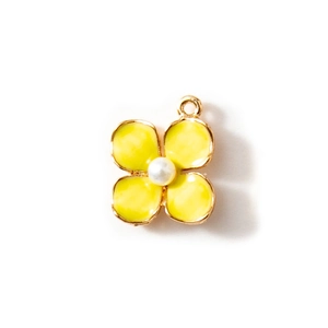 Golden flower charm with yellow petals and white pearl accent for jewelry DIY