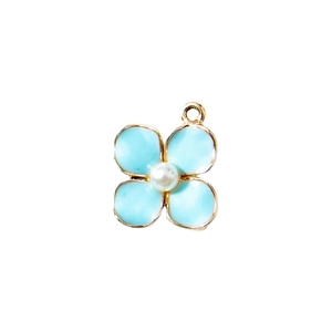 Blue clover flower pendant charm with white pearl and gold plating for DIY jewelry