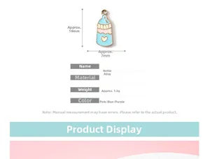 Detailed size specifications for alloy baby bottle charms in pink and blue enamel