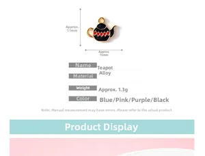 Detailed size specifications for a small black alloy teapot charm with red enamel details