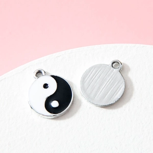 Tai Chi Yin Yang alloy pendants with black white enamel finish and brushed metal back