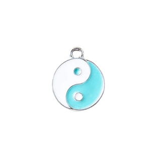 Round Tai Chi Yin Yang pendant in white and light blue enamel for DIY jewelry making