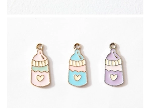 Enamel baby bottle charms in pink, blue, and purple with gold plating for DIY jewelry making
