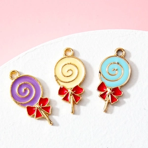 Alloy Enamel Lollipop Charms With Bowknot Cartoon Candy Pendants For DIY Bracelet Necklace Jewelry Making Cute Accessories