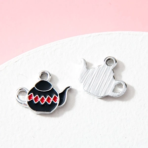 Cartoon teapot charms for DIY jewelry making featuring black enamel with red accents