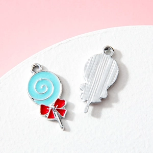 Lollipop alloy pendant with blue enamel swirl and red bow for DIY jewelry making