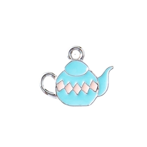 Cute blue teapot pendant with pink diamond pattern for DIY jewelry and accessories