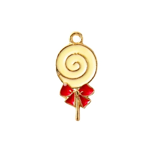 Cartoon lollipop charm with red bow and cream enamel for DIY jewelry making